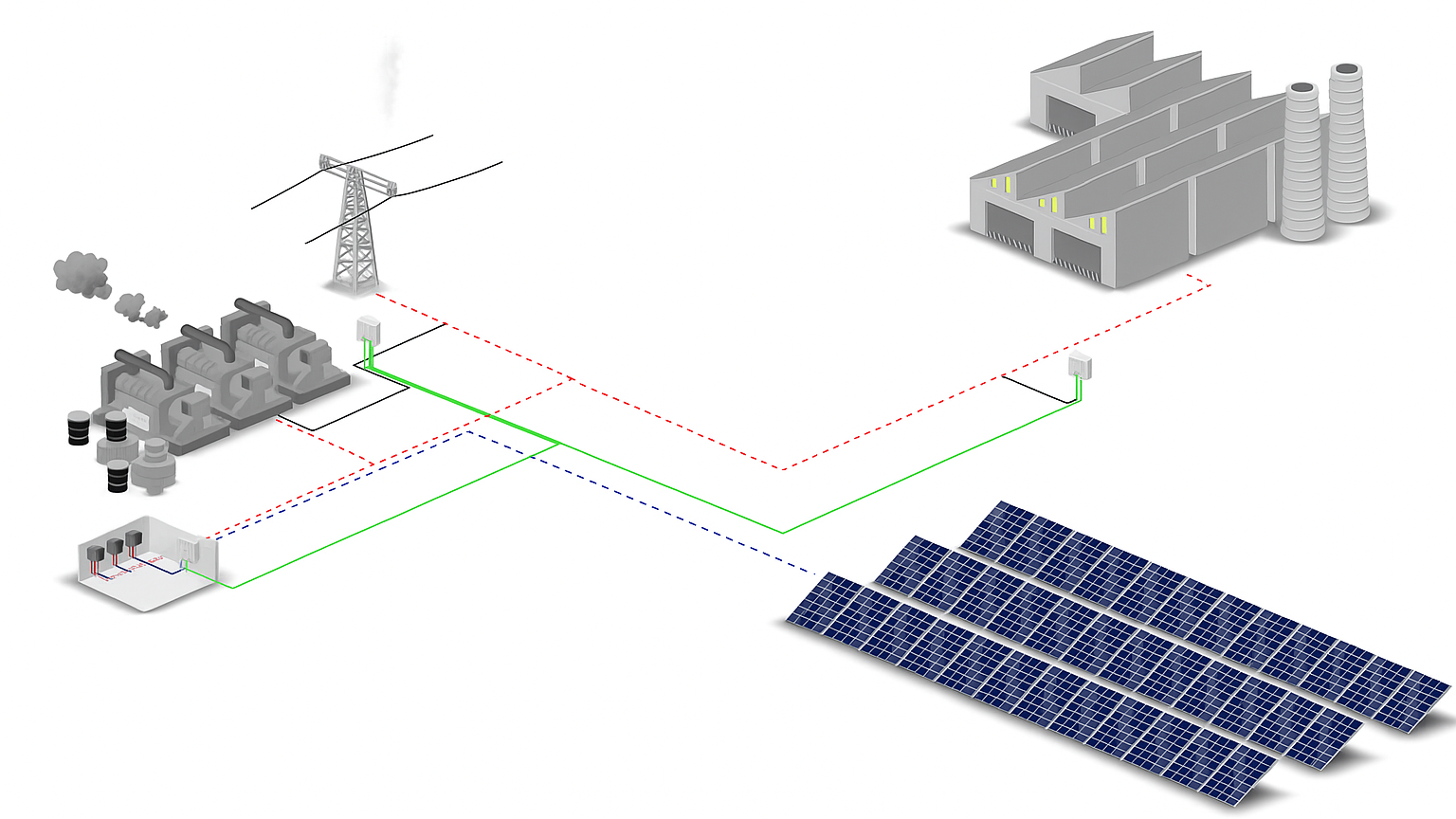 Diagram showing a microgrid system connecting solar panels, diesel generators, and an industrial facility through an energy management unit for reliable hybrid power supply.