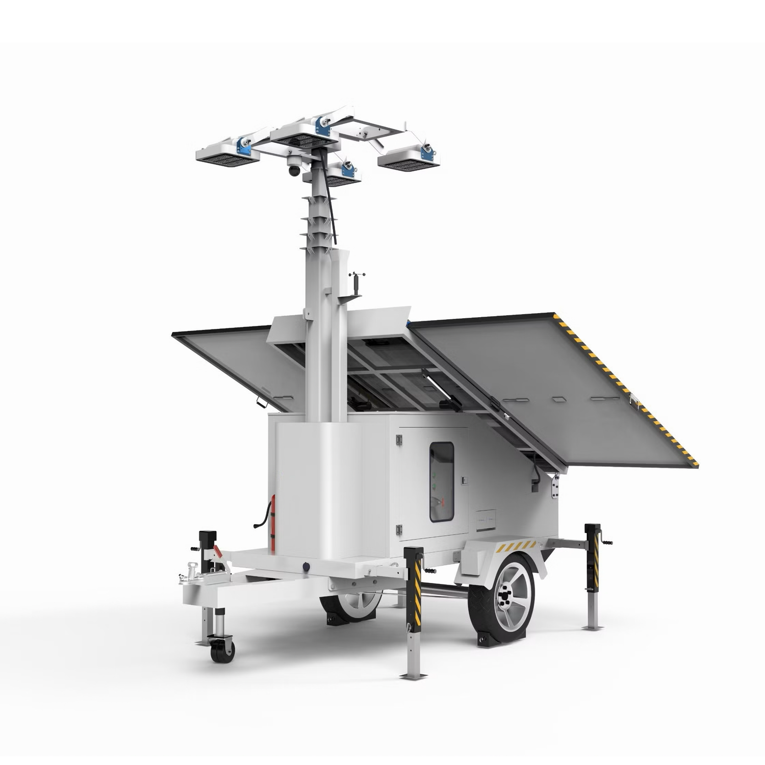 Mobile tower light with solar panels on a white background