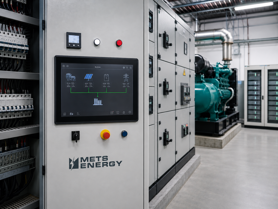 METS Energy logo placed under an EMS control screen inside a modern industrial electrical room with switchgear, generator equipment, and battery cabinets in the background.