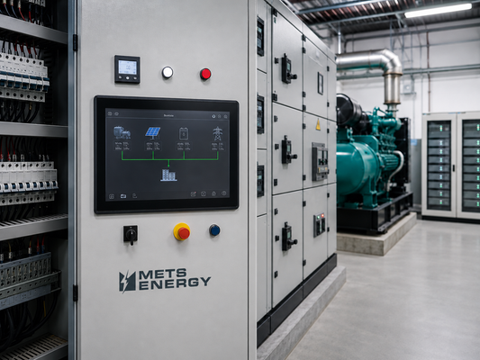 METS Energy logo placed under an EMS control screen inside a modern industrial electrical room with switchgear, generator equipment, and battery cabinets in the background.