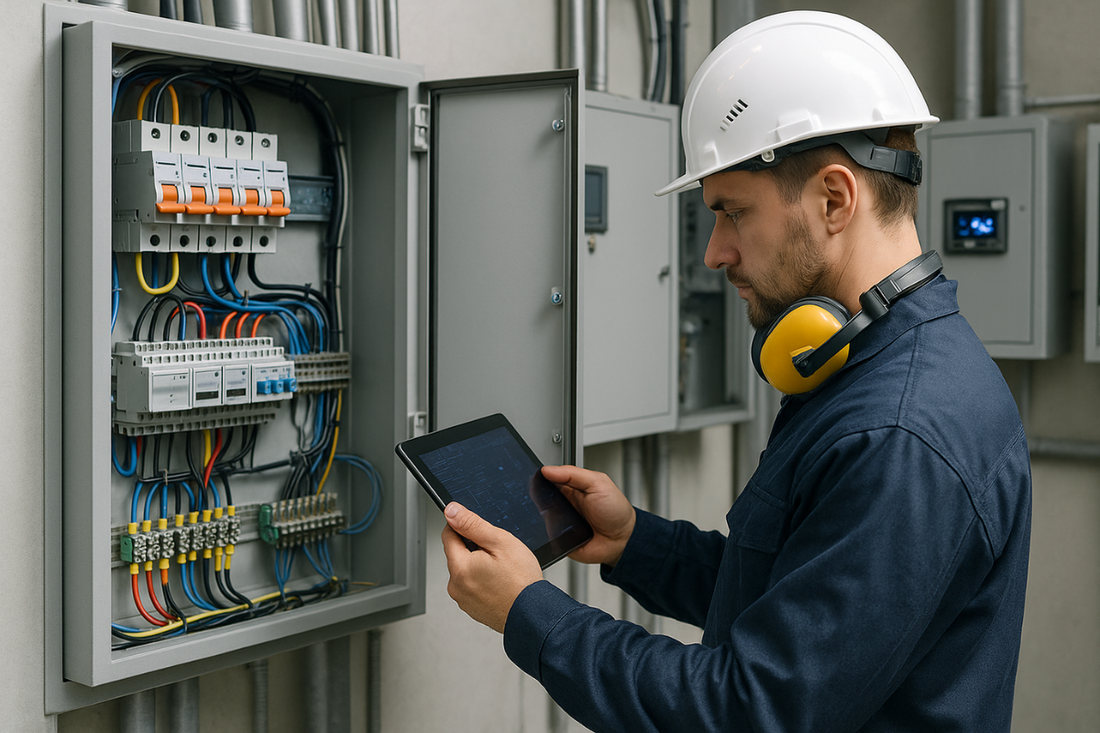 Engineer performing an energy audit at a factory