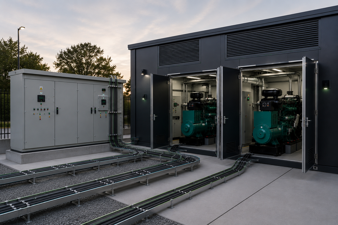 Enclosed diesel generators with modern control panel and power cables in an industrial facility