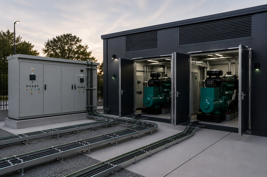 Enclosed diesel generators with modern control panel and power cables in an industrial facility