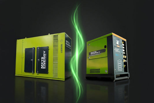 Generator vs battery energy storage system comparison showing a METS Energy diesel generator and battery unit.