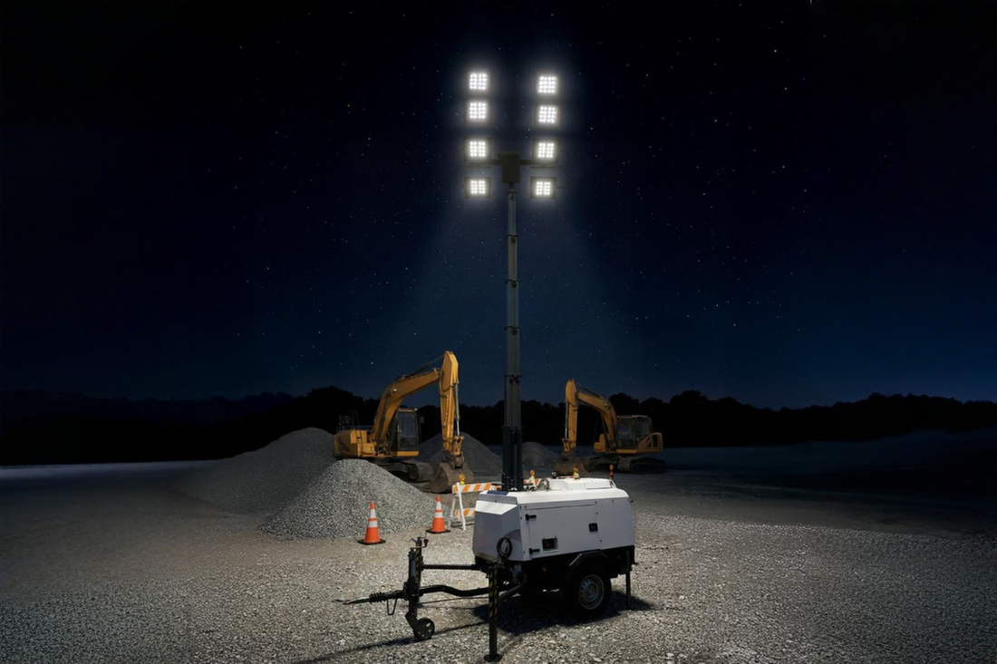 A nighttime construction site illuminated by a tall mobile light tower, with two yellow excavators positioned behind gravel mounds under a clear starry sky