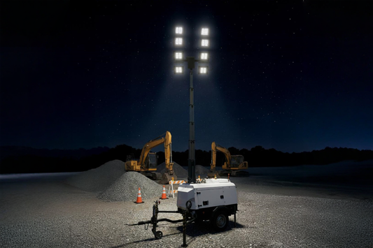 A nighttime construction site illuminated by a tall mobile light tower, with two yellow excavators positioned behind gravel mounds under a clear starry sky