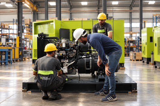 METS Energy technicians inspecting an open diesel generator in a workshop as part of installation preparation and quality checks.