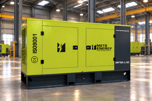 METS Energy diesel generator with acoustic canopy inside an industrial facility, ready for installation and commissioning.