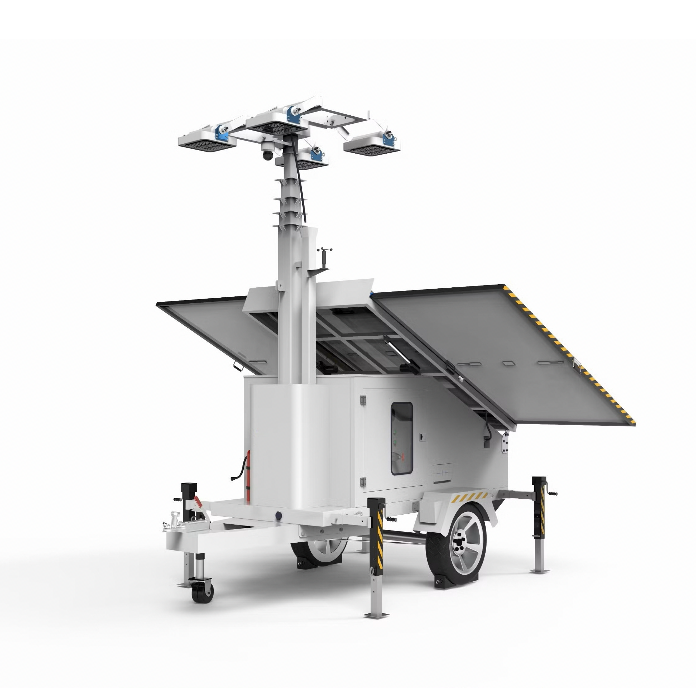 Mobile tower light with solar panels on a white background