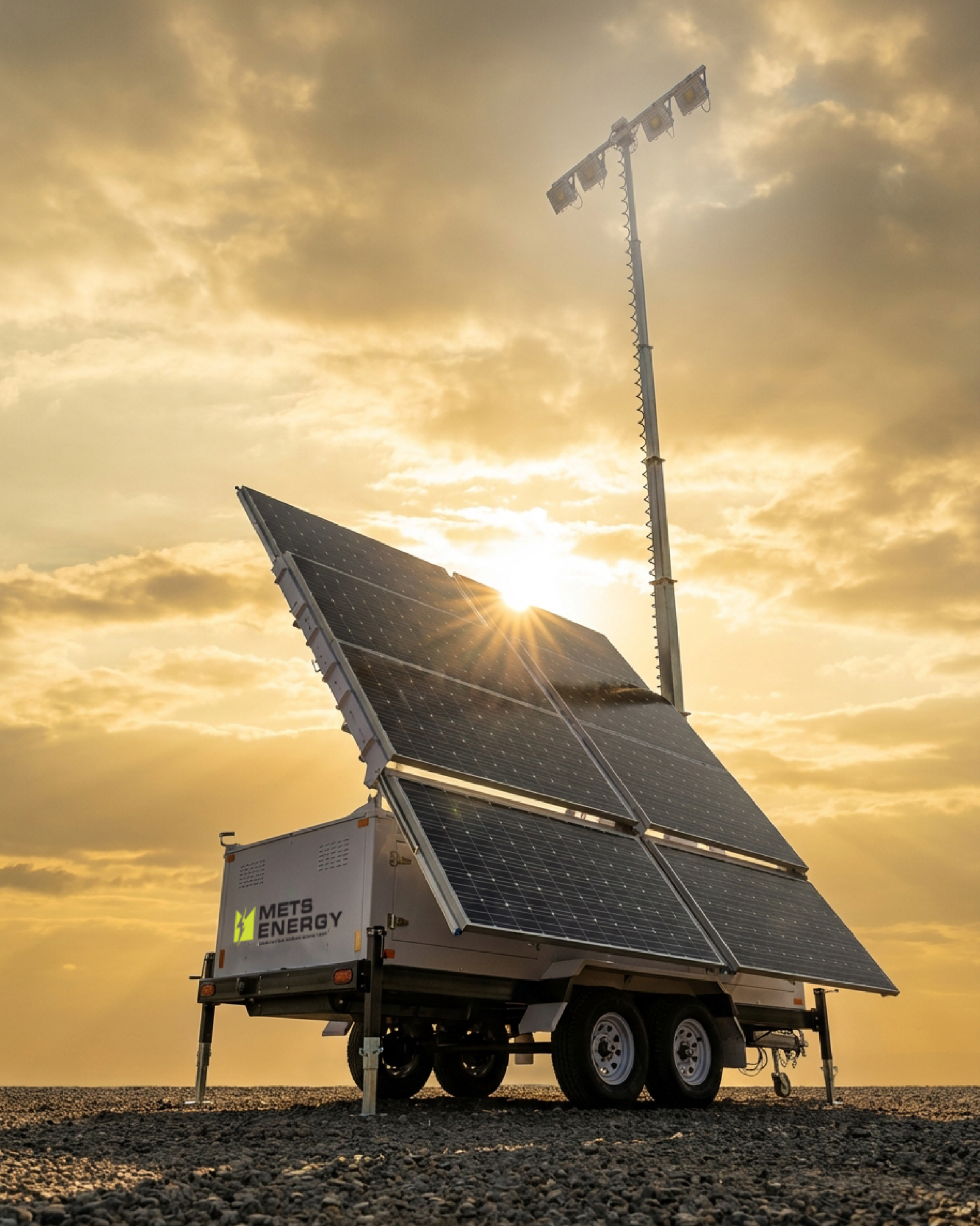 Solar panel light tower system on a battery trailer with mets energy logo.
