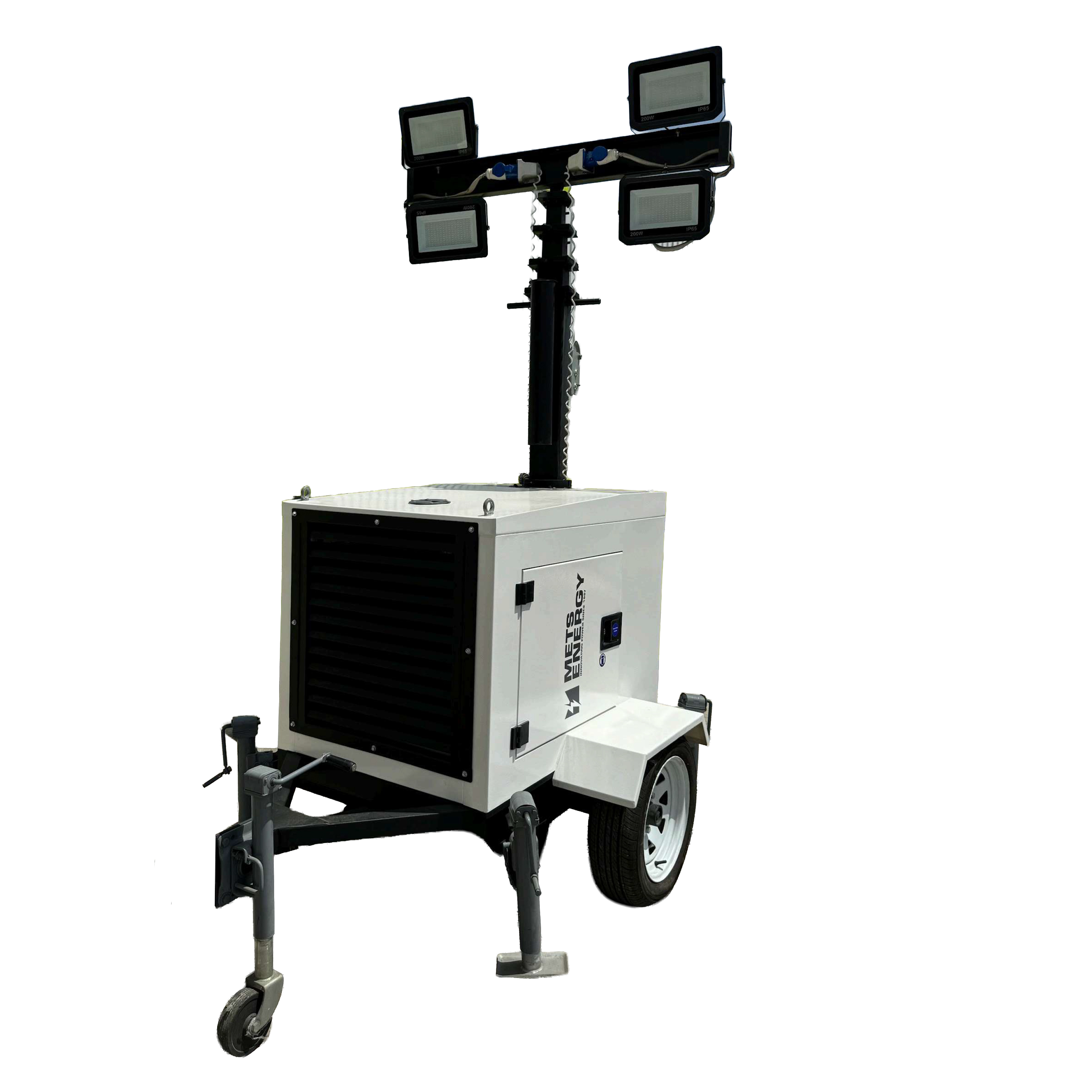 Portable light tower with multiple lights on a white background